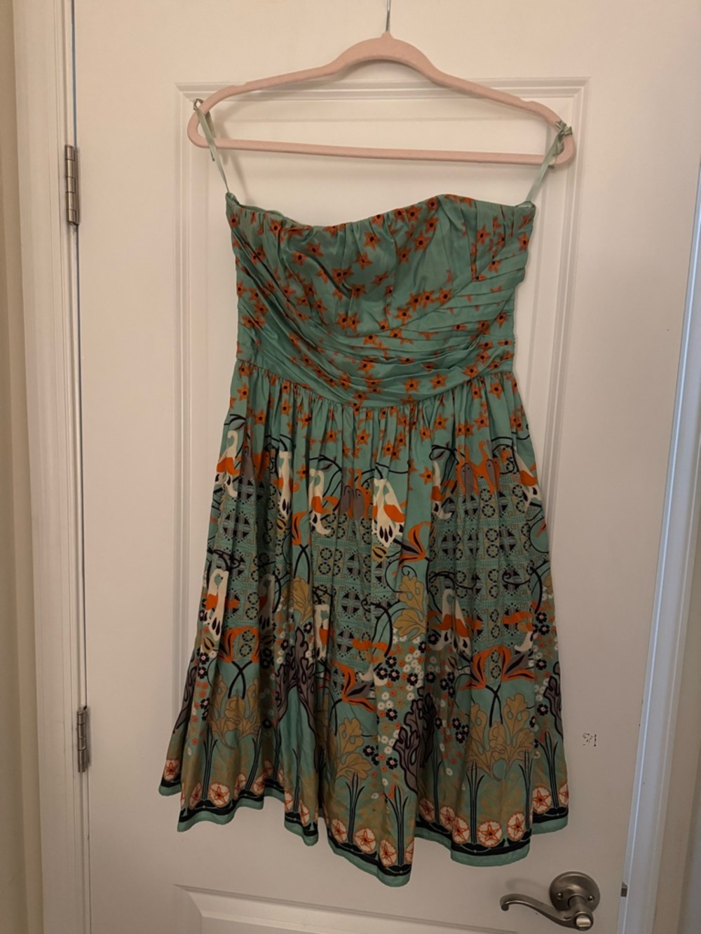 Alberto Makali Strapless Floral Print Dress in Mint and Orange